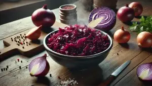 A steming bowl of red cabbage on a kitchen counter, surroujnded by some of the raw ingredients