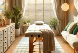 a picture of a massage table in a peaceful space