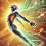 A human body in flight, with brigthly coloured highlights indicating neurological connections