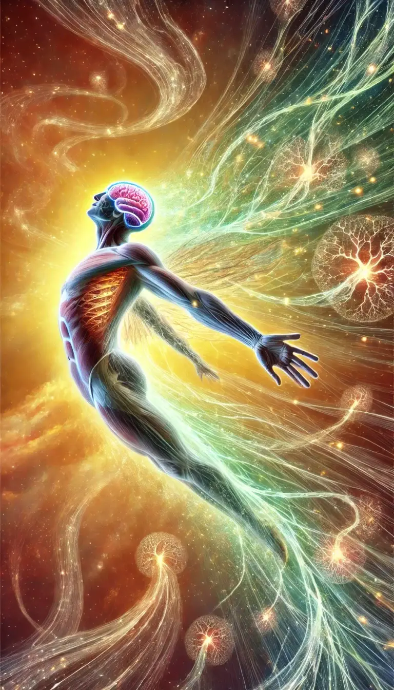 A human body in flight, with brigthly coloured highlights indicating neurological connections